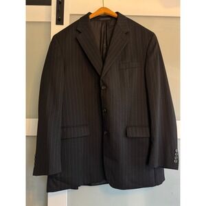 Ralph Lauren CHAPS Mens 3 Button Blazer 44L Long BLACK  Pinstriped 100% Wool